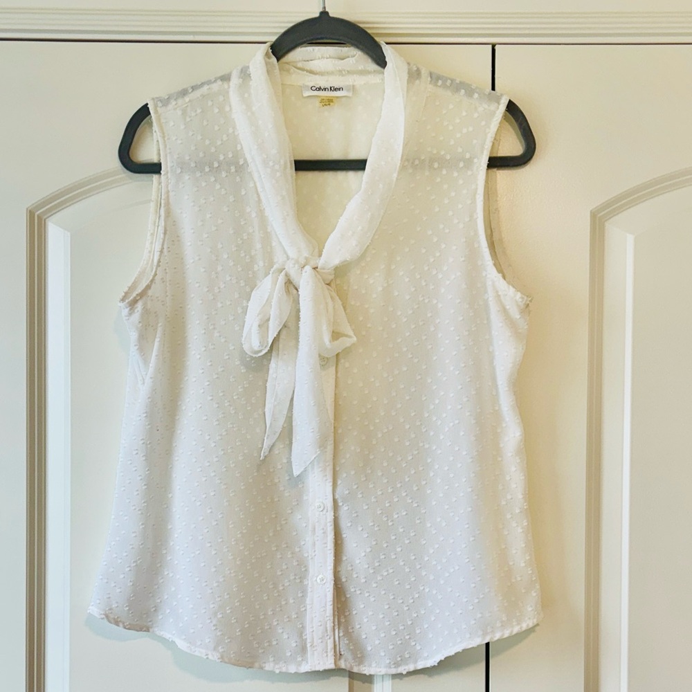 Calvin Klein Sheer White Tie-Neck Blouse